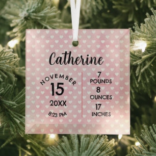 Ornement En Verre Coeurs sur les numéros de naissance rose Carré Orn
