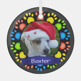 Ornement En Verre Colorful Christmas Paws Custom Pet Photo