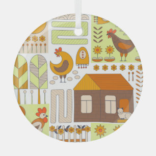 Ornement En Verre Coq, poules, dessin géométrique floral.