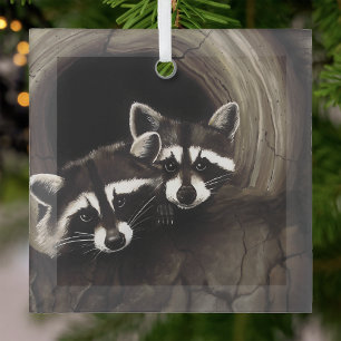 Ornement En Verre Couple de ratons laveurs creux d'arbre forêt faune