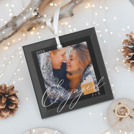 Ornement En Verre Couples de script moderne avec photo et monogramme