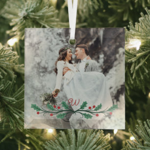 Ornement En Verre Couronne de houx monogramme mariage photo d'hiver