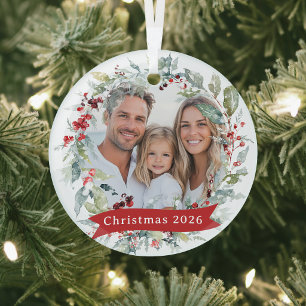 Ornement En Verre Couronne de Noël personnalisée avec photo de famil