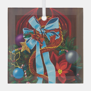 Ornement En Verre Couronne de Noël ruban bleu dragon rouge festive