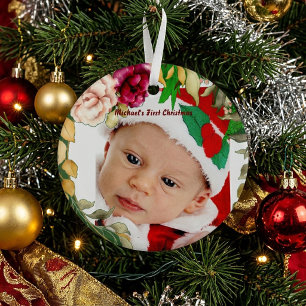 Ornement En Verre Couronne florale de Noël pour bébé avec photo pers