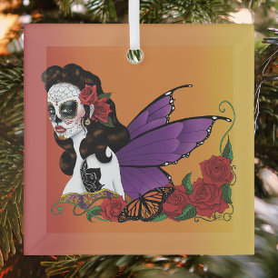 Ornement En Verre Crâne de sucre de fée ailes violettes roses couche