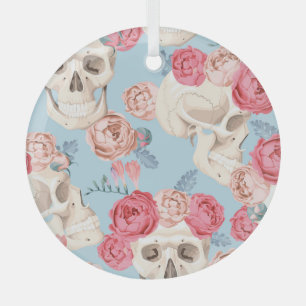 Ornement En Verre Crânes et Motif Vintage Rose