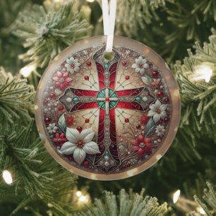 Ornement En Verre Croix et Poinsettias