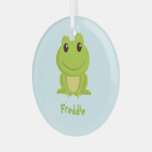 Ornement En Verre Cute grenouille verte sur bleu (Avant gauche)