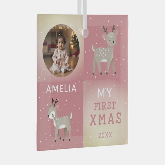 Ornement En Verre Cute Personalized Baby Photo Reindeer Christmas (Avant droite)