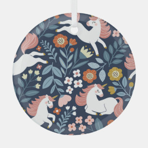 Ornement En Verre Cute Unicornes Floral Vintage Motif
