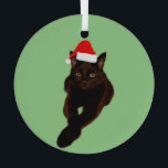 Ornement En Verre Découpe photo de chat noir avec le vert de chapeau<br><div class="desc">Un ornement de Noël personnalisé est une excellente façon de célébrer votre animal de compagnie à Noël. Un dessin d'un chapeau de Père Noël rouge et blanc est placé sur la photo d'un chat noir. L'arrière - plan est vert. Si vous voulez remplacer la photo du chat par une photo...</div>