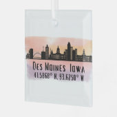 Ornement En Verre Des Moines IA City Skyline Latitude et Longitude (Avant gauche)