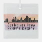 Ornement En Verre Des Moines IA City Skyline Latitude et Longitude (Recto)
