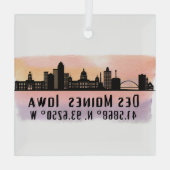 Ornement En Verre Des Moines IA City Skyline Latitude et Longitude (Verso)
