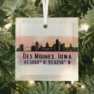 Ornement En Verre Des Moines IA City Skyline Latitude et Longitude