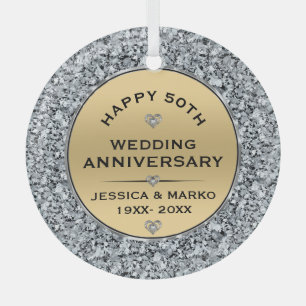 Ornement En Verre Diamants blancs et or 50e anniversaire de Mariage