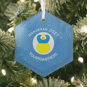 Ornement En Verre Drapeau ukrainien personnalisé d'ange de Hanukkah 