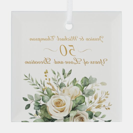 Ornement En Verre Élégant 50e anniversaire Roses blanches Bagues or (Verso)