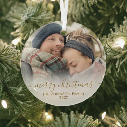 Ornement En Verre Elégant Couple Blanc Or Photo Joyeux Noël (Insitu)