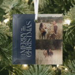 Ornement En Verre Elégant feuillage bleu marine moderne photo minima<br><div class="desc">Elégant multi photo moderne minimaliste marine bleu aquarelle typographie botanique Joyeux décor de Noël.</div>