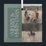 Ornement En Verre Élégant feuillage vert moderne photo minimale<br><div class="desc">Elégant multi photo moderne minimaliste eucalyptus sauge vert et blanc aquarelle typographie botanique Joyeux décor de Noël.</div>