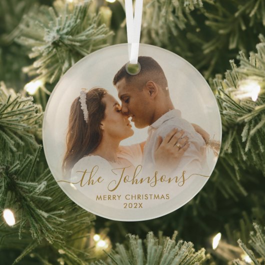 Ornement En Verre Élégant Gold Script Couple Photo Joyeux Noël (Insitu)