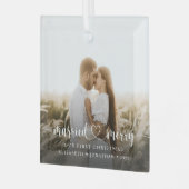 Ornement En Verre Élégant Marié & Joyeux Script Photo (Avant gauche)