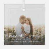 Ornement En Verre Élégant Marié & Joyeux Script Photo (Recto)