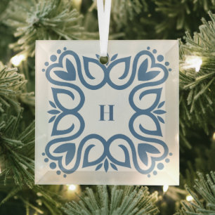 Ornement En Verre Élégant monogramme de script bleu poussiéreux