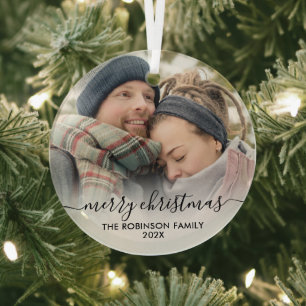 Ornement En Verre Élégant noir blanc Couple photo Joyeux Noël