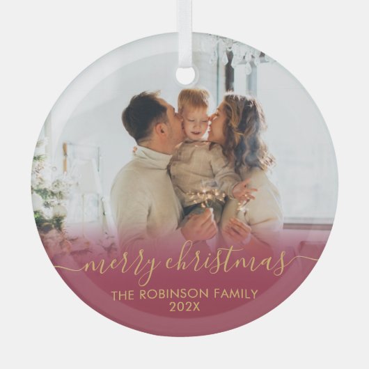 Ornement En Verre Elégant Rouge Gold Famille Photo Joyeux Noël (Recto)