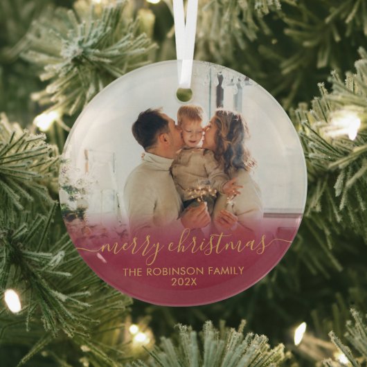 Ornement En Verre Elégant Rouge Gold Famille Photo Joyeux Noël (Insitu)