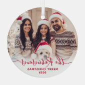 Ornement En Verre Élégant Rouge Script Famille Photo Joyeux Noël (Verso)