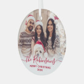Ornement En Verre Élégant Rouge Script Famille Photo Joyeux Noël (Avant gauche)