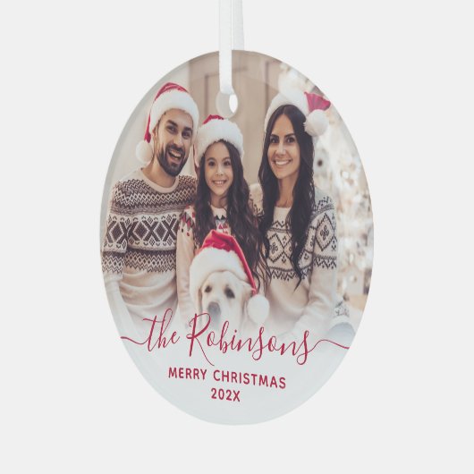 Ornement En Verre Élégant Rouge Script Famille Photo Joyeux Noël (Avant gauche)