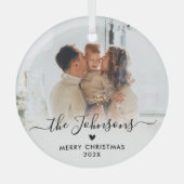 Ornement En Verre Élégant script de coeur Famille Photo Joyeux Noël (Recto)