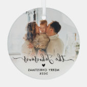 Ornement En Verre Élégant script de coeur Famille Photo Joyeux Noël (Verso)