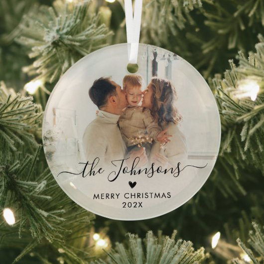 Ornement En Verre Élégant script de coeur Famille Photo Joyeux Noël (Insitu)