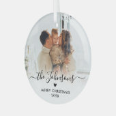 Ornement En Verre Élégant script de coeur Famille Photo Joyeux Noël (Avant gauche)