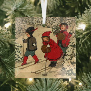 Ornement En Verre Enfants vintage skiant à travers une forêt enneigé