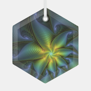 Ornement En Verre Etoile Abstraite, Bleu brillant Vert Or Fractal Ar