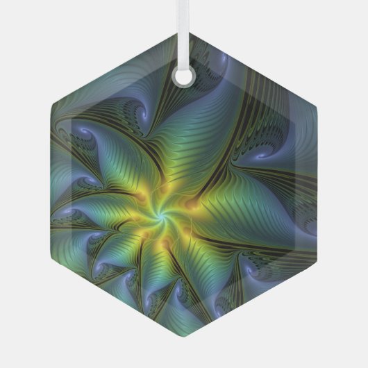 Ornement En Verre Etoile Abstraite, Bleu brillant Vert Or Fractal Ar (Recto)