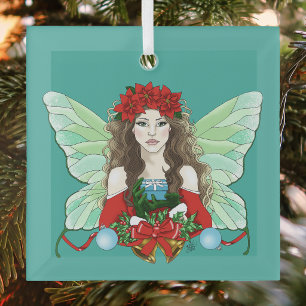 Ornement En Verre Fée de Noël Fantastique Houx Cloches Poinsettias