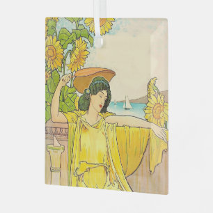 Ornement En Verre Femme au Tournesol Art Nouveau Illustration Vintag