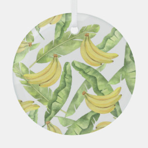 Ornement En Verre Feuilles tropicaux, bananes, motif aquarelle.