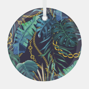 Ornement En Verre Feuilles tropicaux, chaînes d'or, sans soudure.