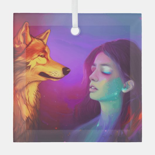 Ornement En Verre Fille et son loup AI Généré Imaginaire Pop Art (Recto)