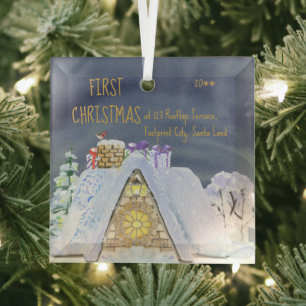 Ornement En Verre First Christmas New Home Santa Footprint Rooftop
