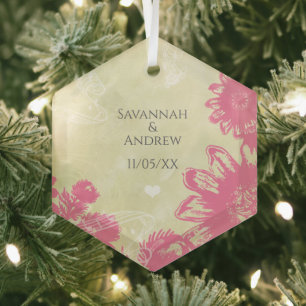 Ornement En Verre First Christmas Pink Blue Gerber Daisy Christmas